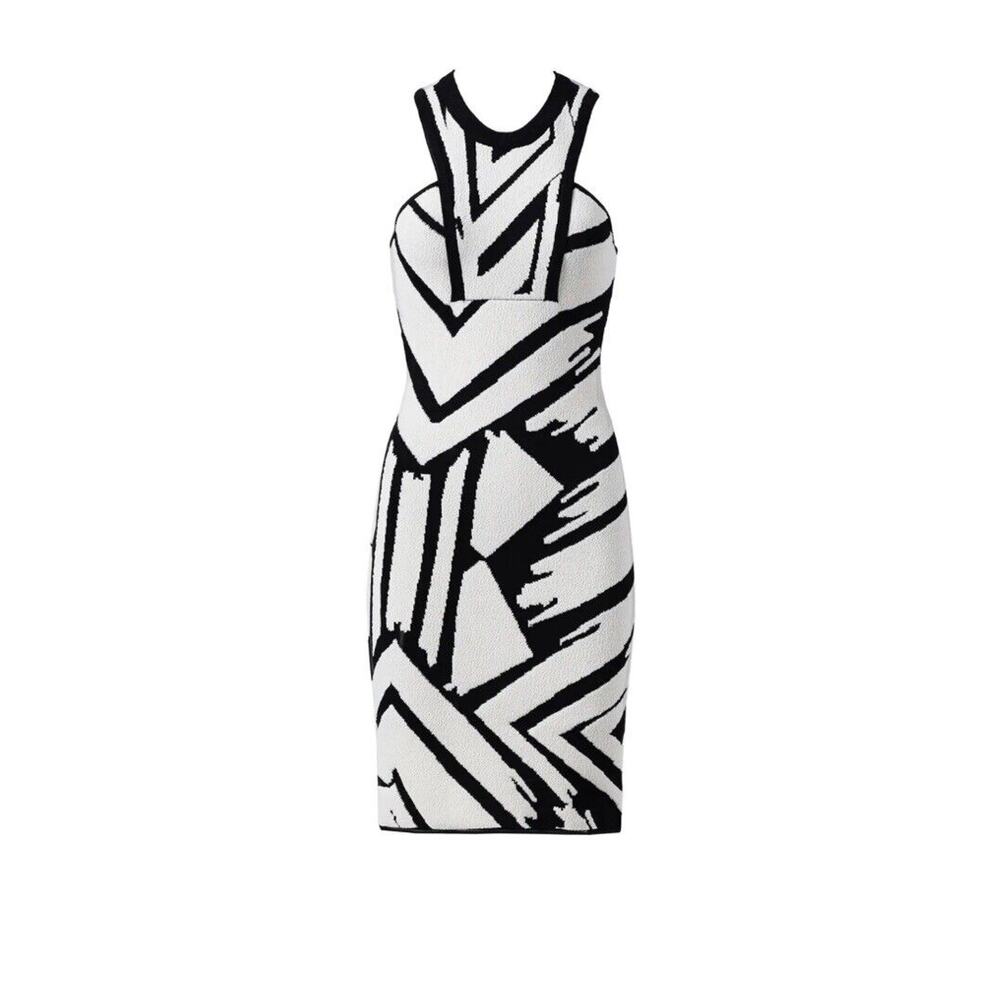 Ronny Kobo Jordi Sheath Dress Women’s Medium Black Printed Jacquard Stretch EUC